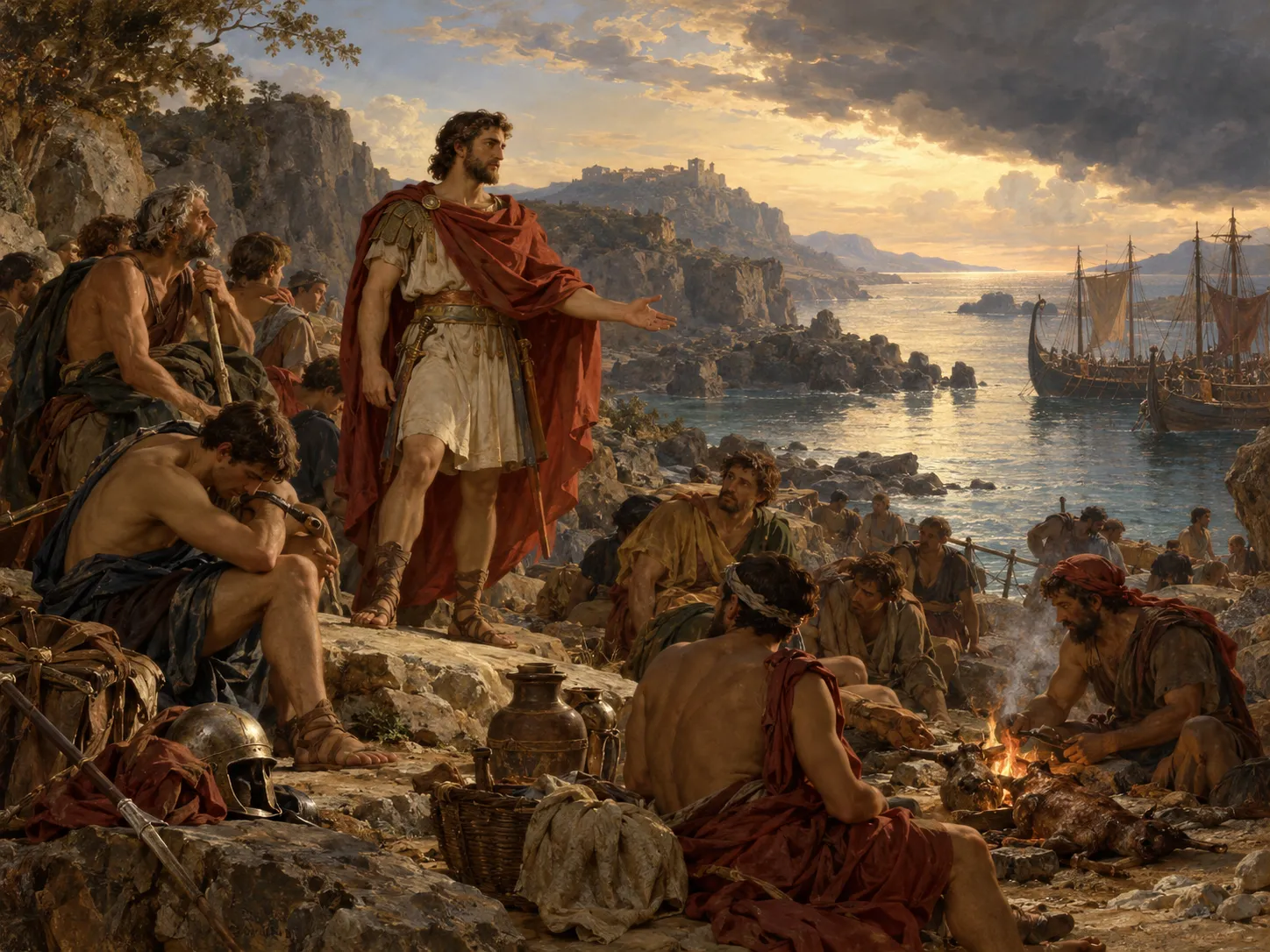 Aeneas speaks to his exhausted companions on the coast of Libya, with the surviving fleet behind them.