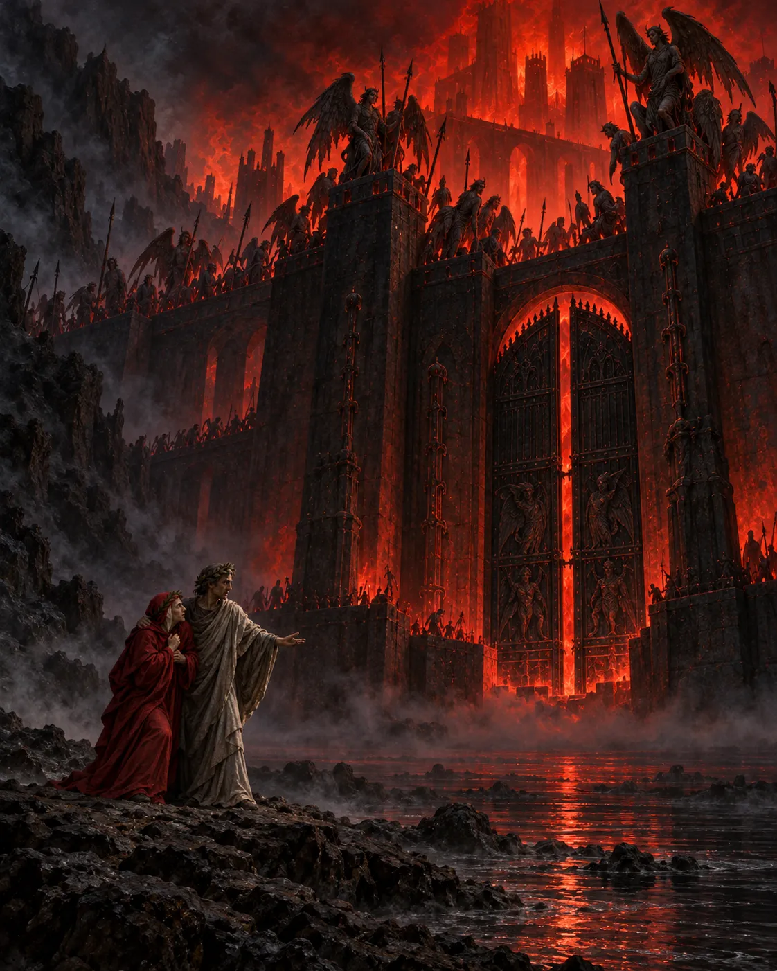 Dante and Virgil before the burning gates of the City of Dis