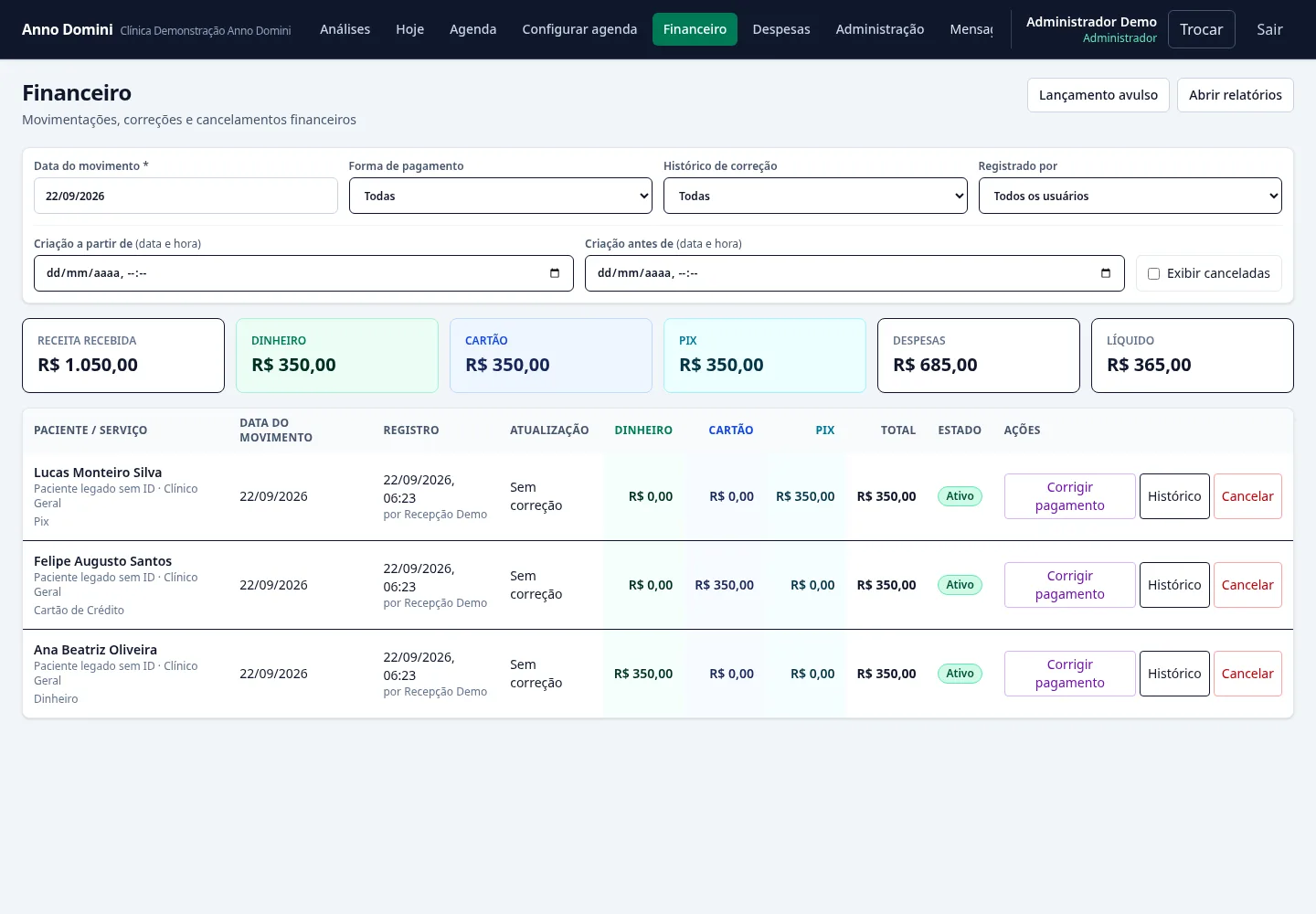 Financeiro — Movimentações, pagamentos e histórico de correções.